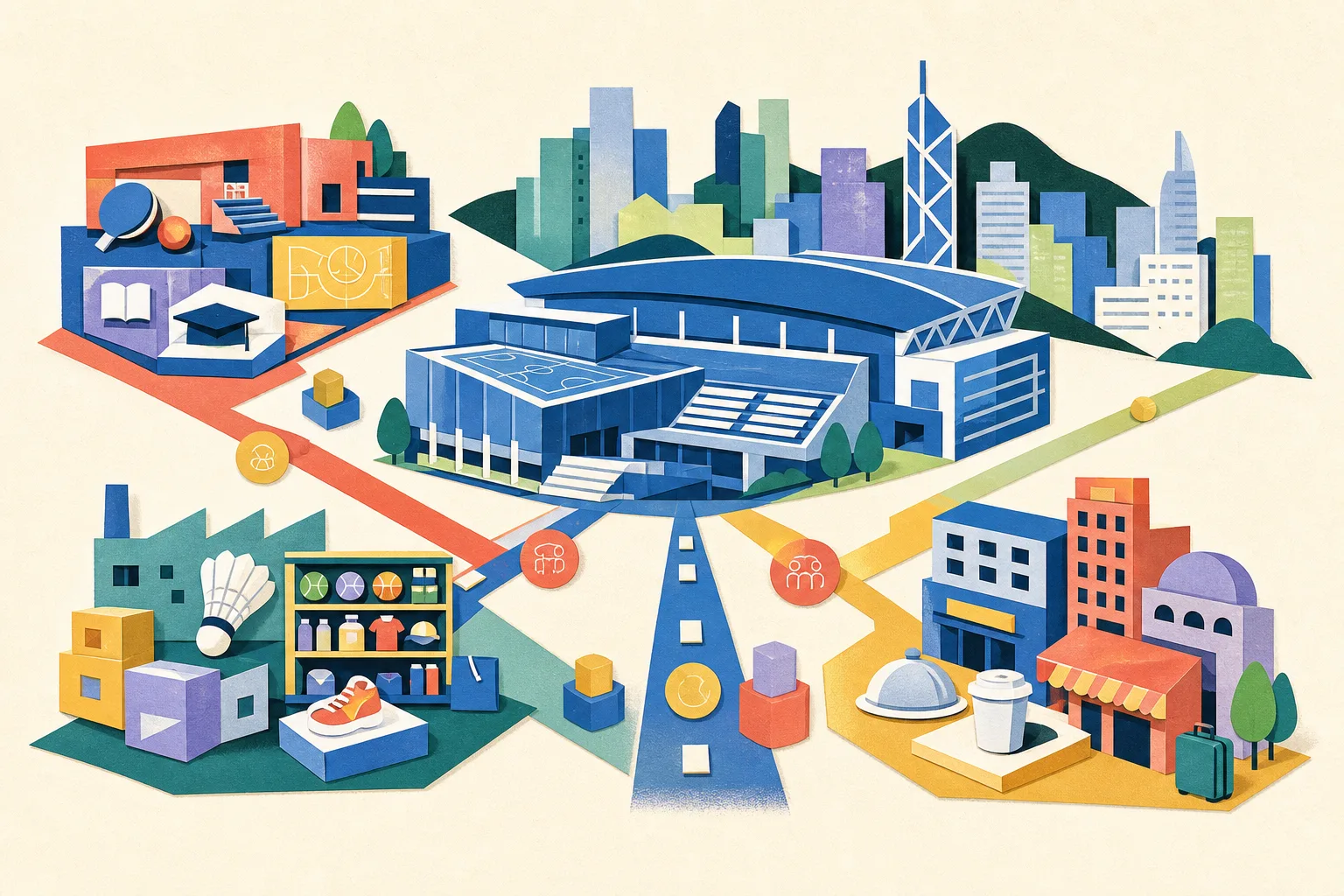 A cut-paper illustration of a generic Hong Kong sports-facility complex connected by colourful geometric lanes to simplified modules for sports clubs and education, sports goods, and visitor services, with abstract blocks suggesting economic activity and employment.
