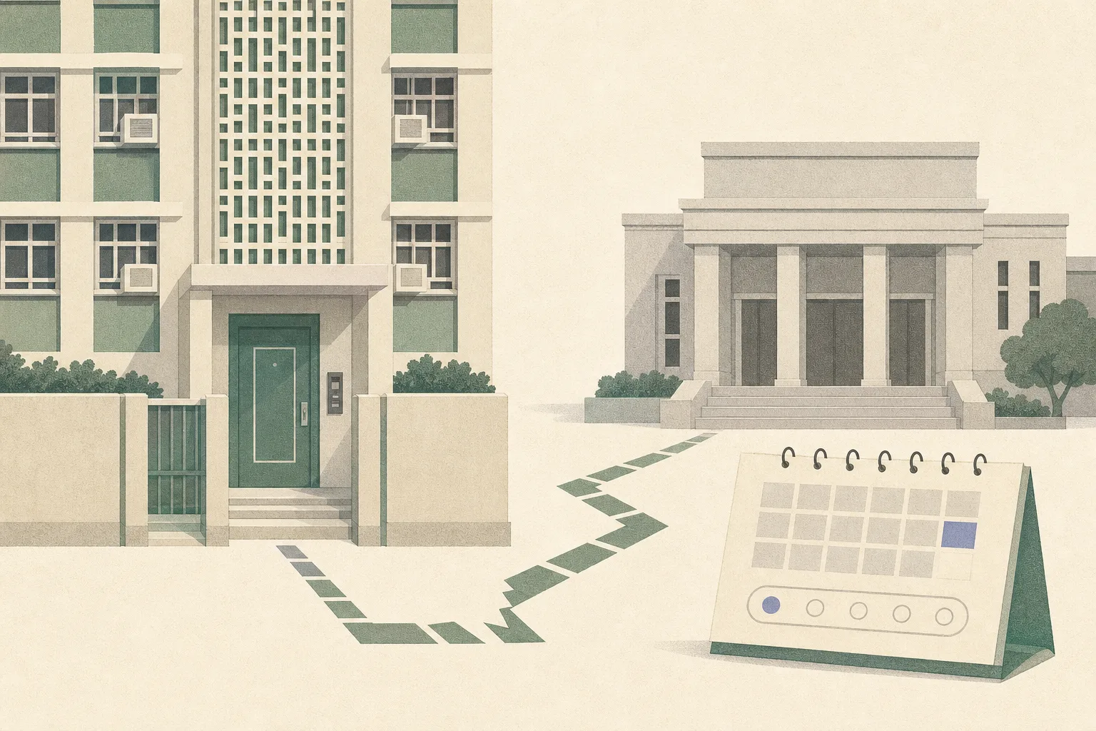 A simplified public-housing façade with a closed flat doorway connects by a broken line to a neutral courthouse and an unfinished calendar panel, in muted blue, grey and ochre shapes.