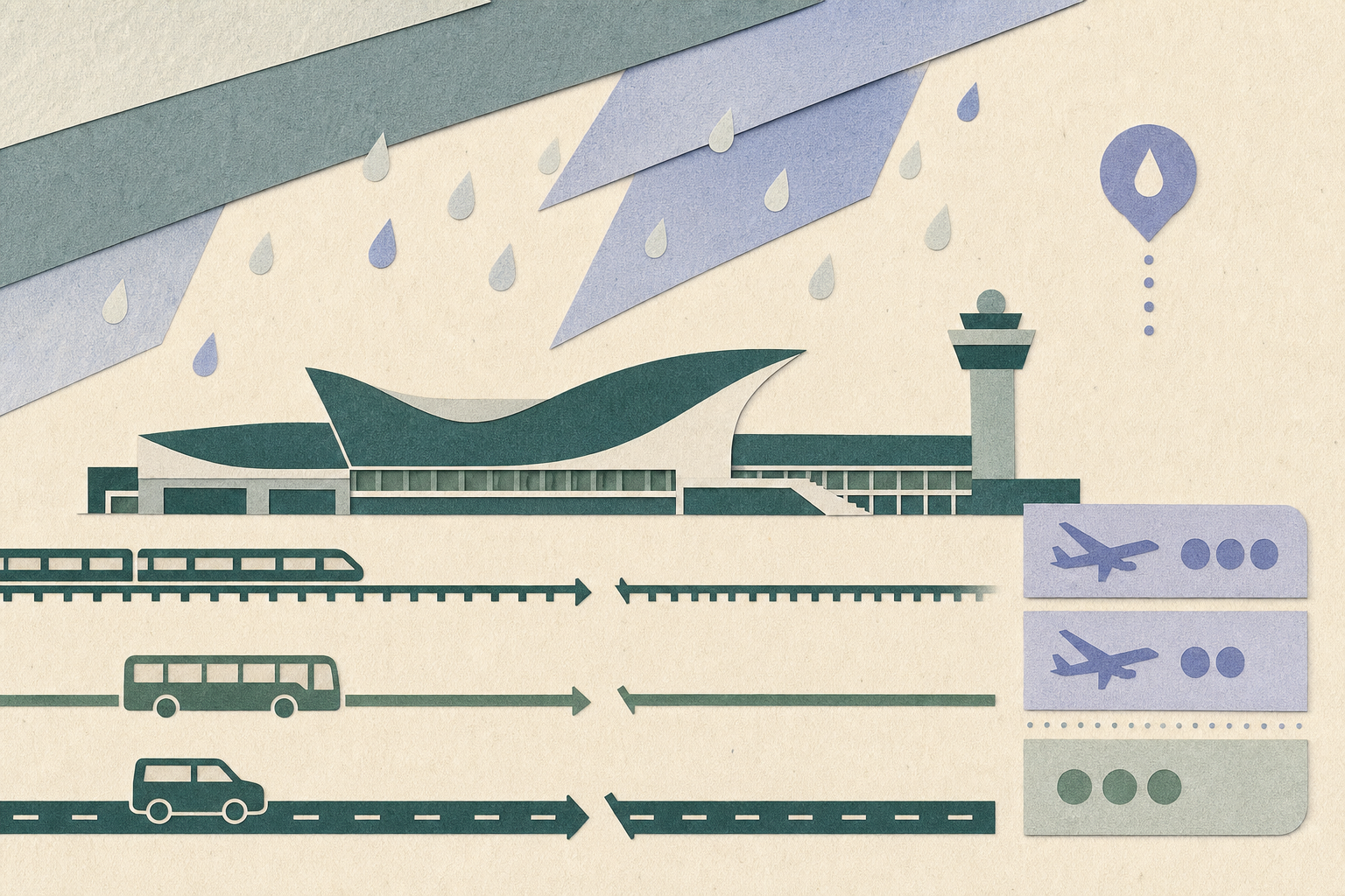 A cut-paper collage shows a simplified airport terminal beneath layered rain bands, with three clean transport routes interrupted before reaching the building and small route markers for 19, 18 and 37 delayed flights.