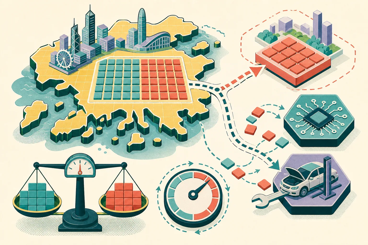 Top-down cut-paper diagram of a Hong Kong-shaped civic platform with a divided pool of abstract admission tiles, a dashed proposed route to an emerging-industries section, AI and electric-vehicle service motifs, and a circular review dial.