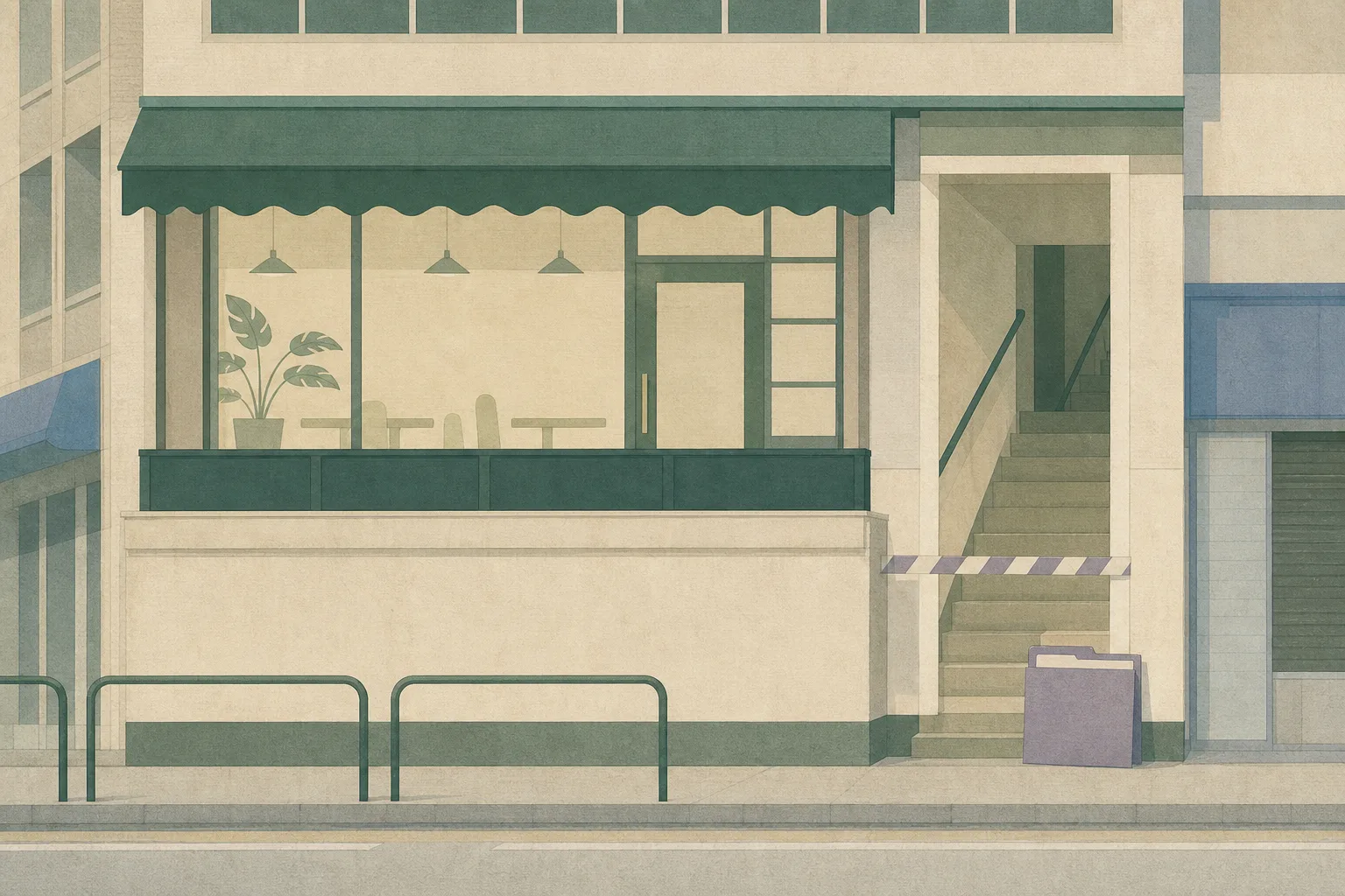 Flat cut-paper illustration of a generic multi-storey Mong Kok building with a closed upstairs café entrance, stairwell and an opaque investigation folder beside a simple boundary strip.