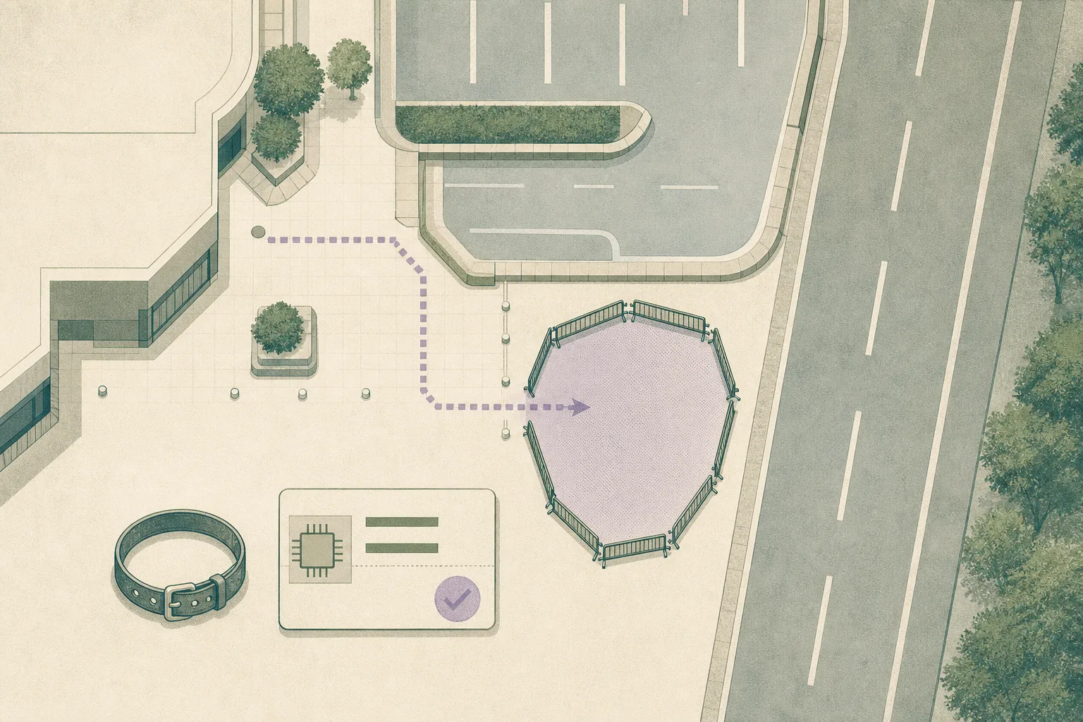 A subdued top-down civic diagram shows simplified mall and car-park blocks beside a road, a broken route ending at a segmented containment boundary, an unconnected collar outline, and a small administrative licence-and-microchip card.