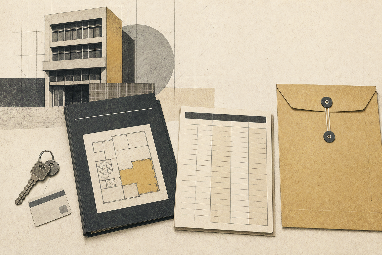 A key, a closed lease folder with a simple second-floor plan, a blank accounting ledger and a sealed court-file envelope arranged on a tabletop beside a restrained building facade fragment, separated by a small clear space.