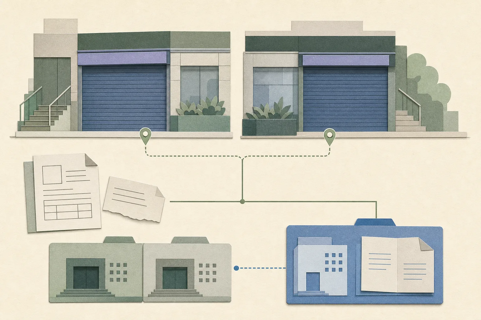 Cut-paper illustration of two closed, simplified mall storefronts marked Sha Tin and Yuen Long, with a disputed document, a detached paper slip and thin administrative review lines leading to separate follow-up and distributor panels.