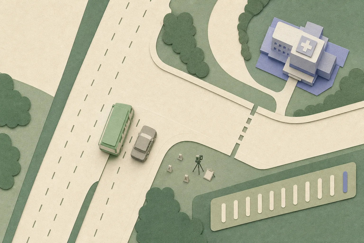 Top-down cut-paper illustration of a Tuen Mun road junction with separate simplified minibus and private-car forms beside an interrupted lane, a muted hospital block connected by a route, and small investigation marks along the roadside.
