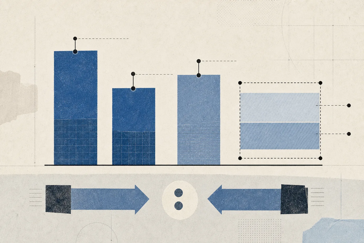 A clean editorial diagram shows vertical markers for 5.9% first-quarter growth, 4.3% second-quarter growth and 5.1% first-half growth, alongside a bounded 3.5%–4.5% forecast band. Fine interrupted lines frame the forecast area, while paired arrows suggest external trade and domestic demand.