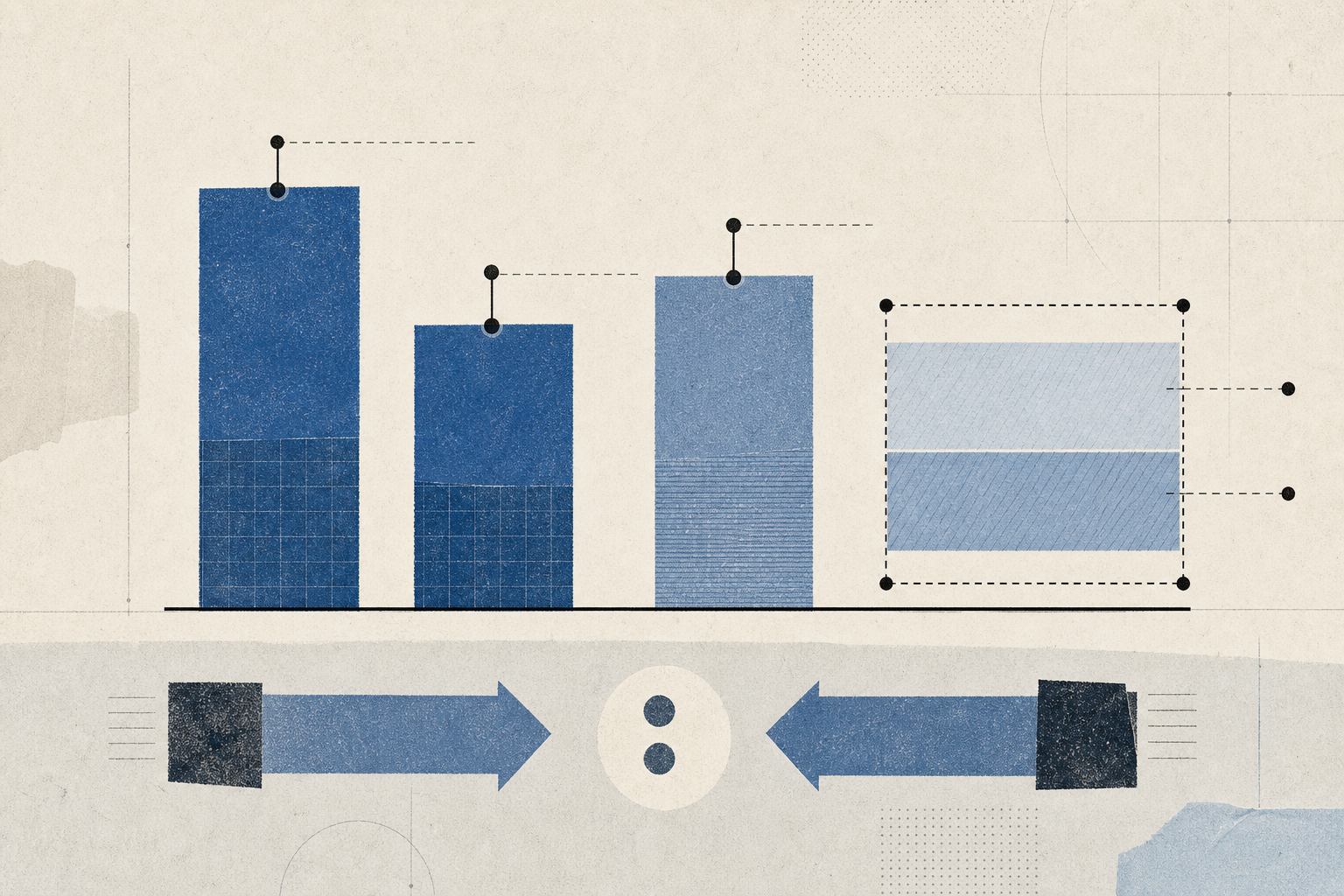 A clean editorial diagram shows vertical markers for 5.9% first-quarter growth, 4.3% second-quarter growth and 5.1% first-half growth, alongside a bounded 3.5%–4.5% forecast band. Fine interrupted lines frame the forecast area, while paired arrows suggest external trade and domestic demand.