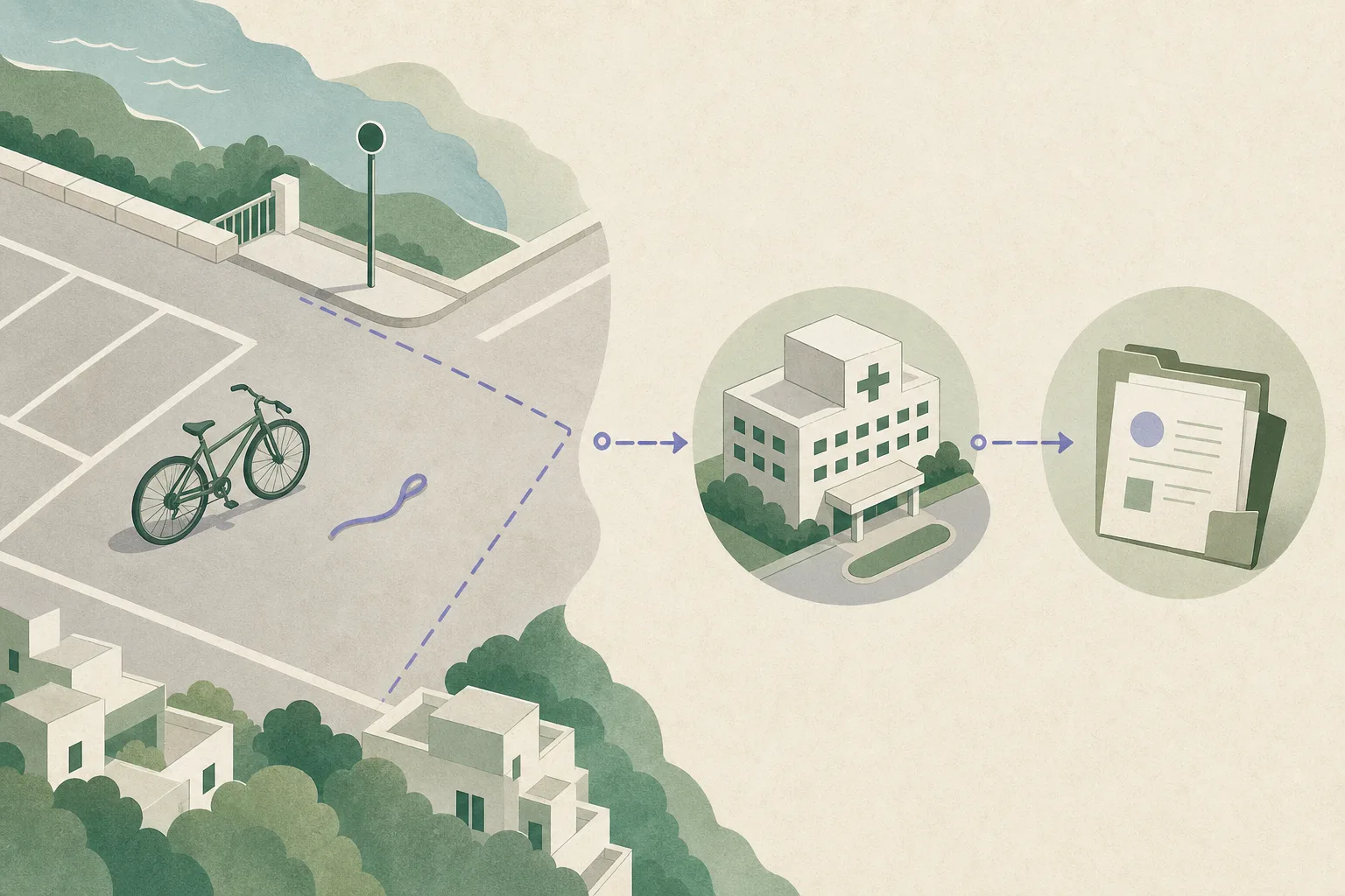 A flat, map-like illustration shows a bicycle beside simplified parking bays and a broken boundary line near a village road, with a restrained route leading to a hospital block and a small official case-file symbol.