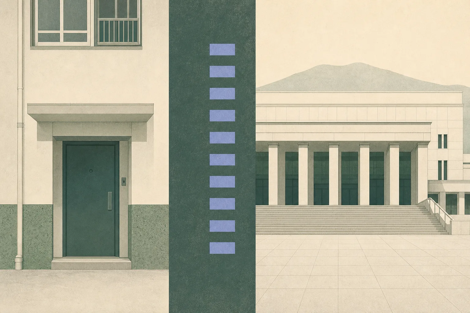 A sparse cut-paper illustration shows a closed anonymous apartment doorway on one side and a simplified High Court facade on the other, divided by a broad vertical boundary and a sequence of muted rectangular timeline blocks; no people are present.