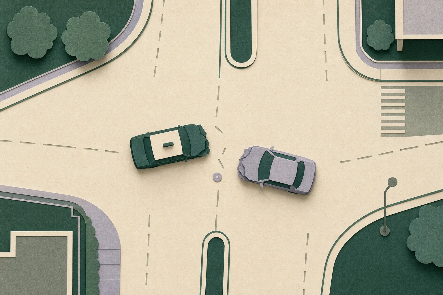 Top-down cut-paper illustration of an empty Tsing Yi road junction with two simplified vehicles, a taxi with a roof sign and a private car, both showing subtle abstracted front or side damage amid interrupted lane markings.