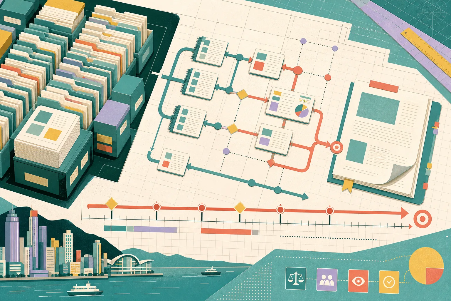 Top-down cut-paper illustration of a large archive of folders and documents feeding through a branching review diagram into a partially drafted report, with a timeline extending to the end of October 2026.