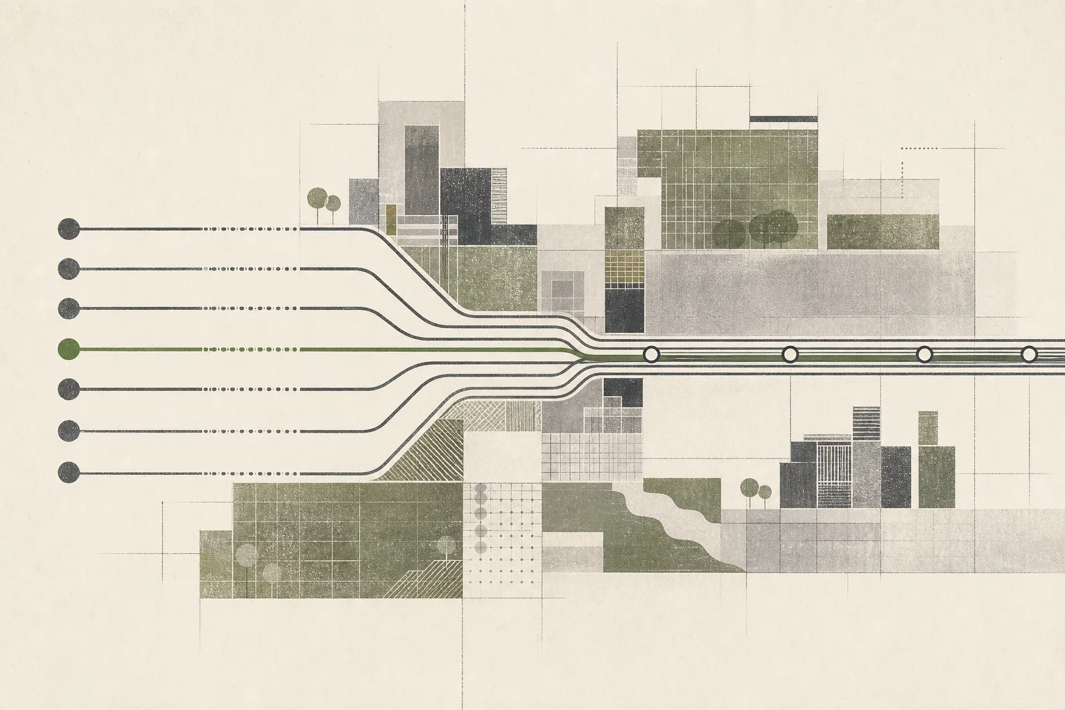 A flat abstract illustration shows seven understated horizontal bands and rail-like lines connecting unlabelled architectural blocks and gridded open spaces, with a muted green accent suggesting coordinated transport and development planning.