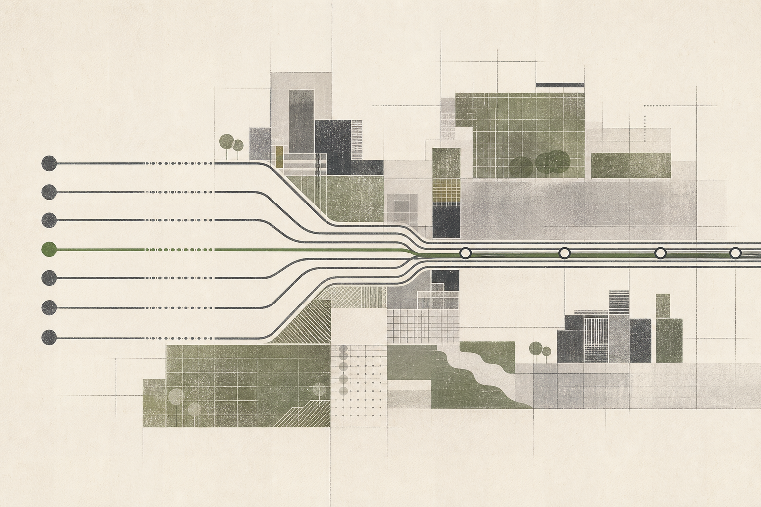A flat abstract illustration shows seven understated horizontal bands and rail-like lines connecting unlabelled architectural blocks and gridded open spaces, with a muted green accent suggesting coordinated transport and development planning.