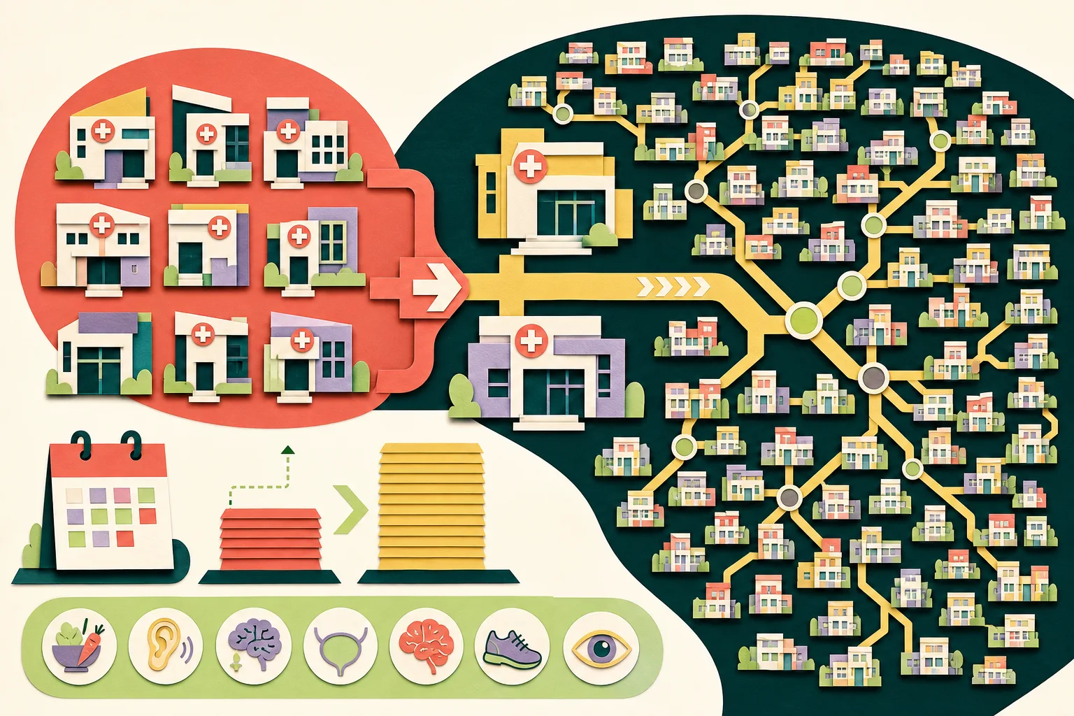 Cut-paper illustration of nine clinic modules connecting through a branching pathway to a much larger district healthcare network, with a 5 October 2026 calendar tile and abstract capacity bands.