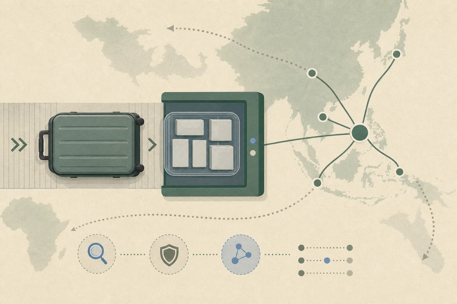 Top-down cut-paper illustration of a closed suitcase beside an airport X-ray screening frame, with abstract sealed blocks inside and restrained route lines linking a Hong Kong transit point with Southeast Asia and onward regions.
