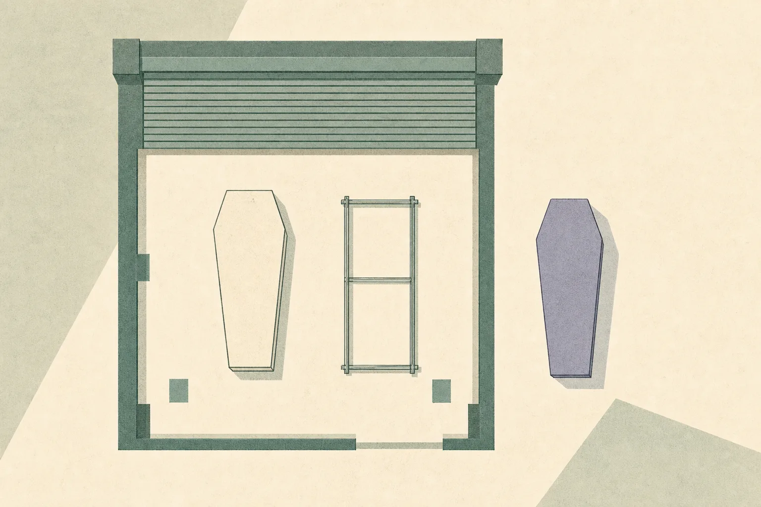 Top-down editorial diagram of a closed shop footprint with an intact shutter band, a light coffin-shaped outline, an iron-frame rectangle and a darker coffin-shaped form positioned separately within the layout.