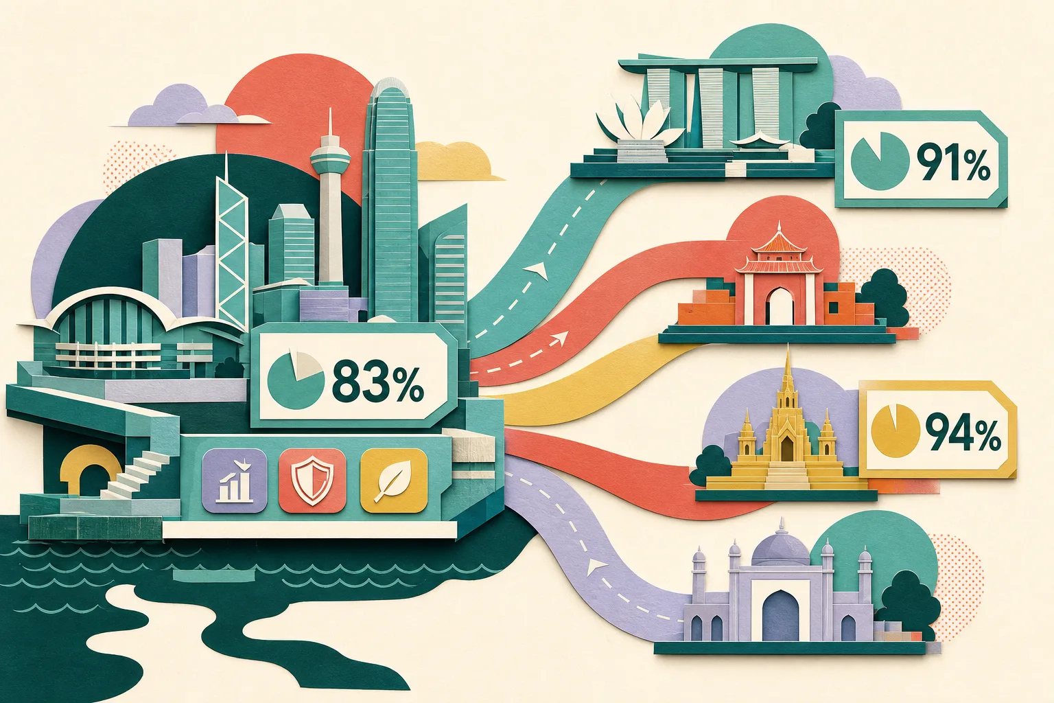 A cut-paper illustration of a simplified Hong Kong architectural platform connected by broad route bands to abstract Southeast Asian gateway blocks, with visible survey markers reading 94%, 91% and 83% and small symbols for financing, risk management and ESG support.