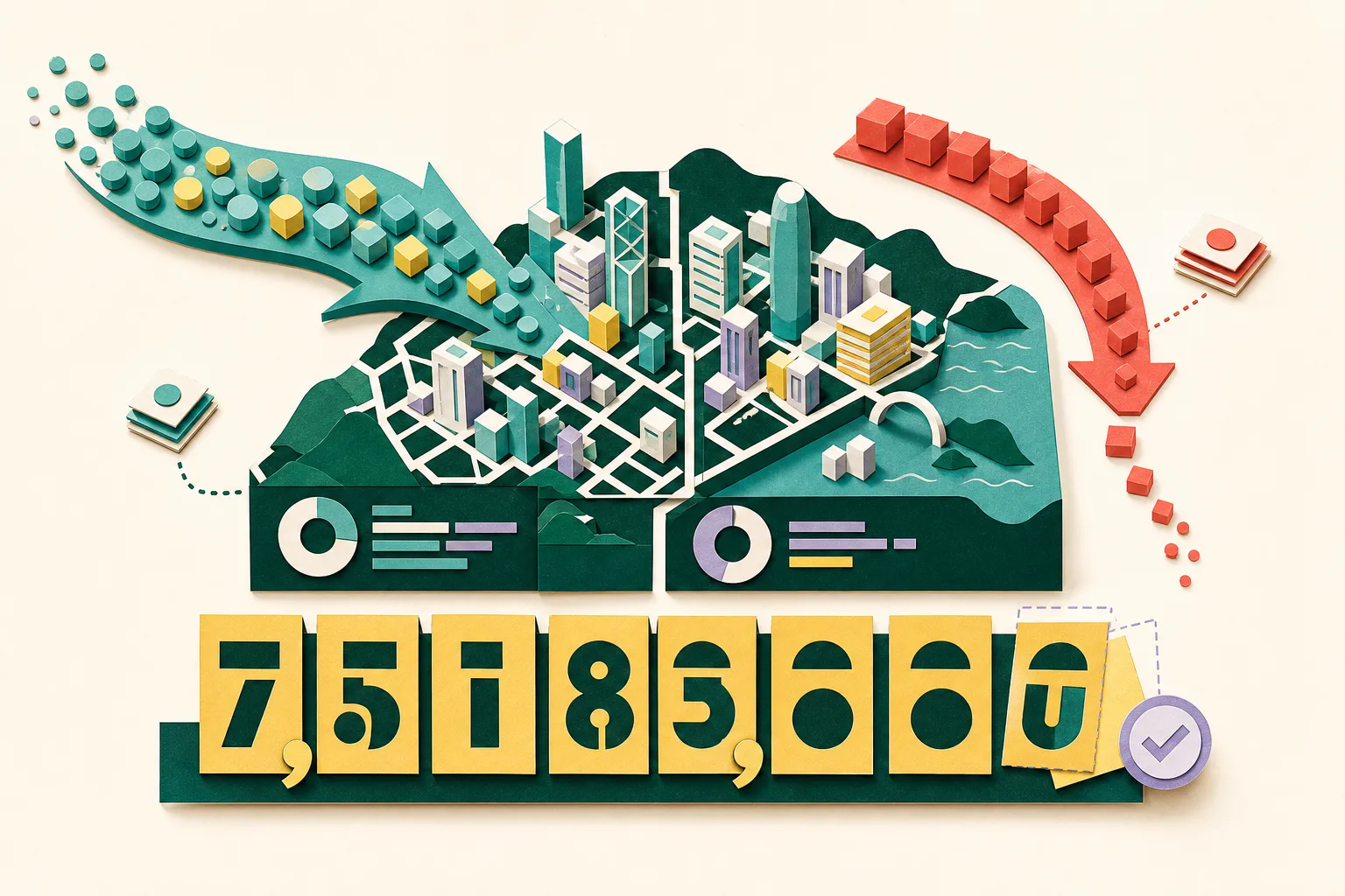Top-down cut-paper diagram of an abstract Hong Kong city grid with incoming geometric tokens balancing a smaller descending stream, ending in a large provisional population counter.