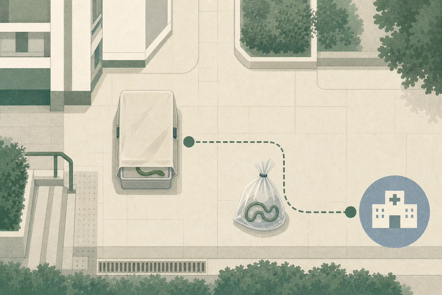 Top-down editorial illustration of a simplified residential-estate walkway with a neutral covered container holding an abstract green curved form, a sealed removal bag nearby and a restrained route line leading to a simple hospital marker.