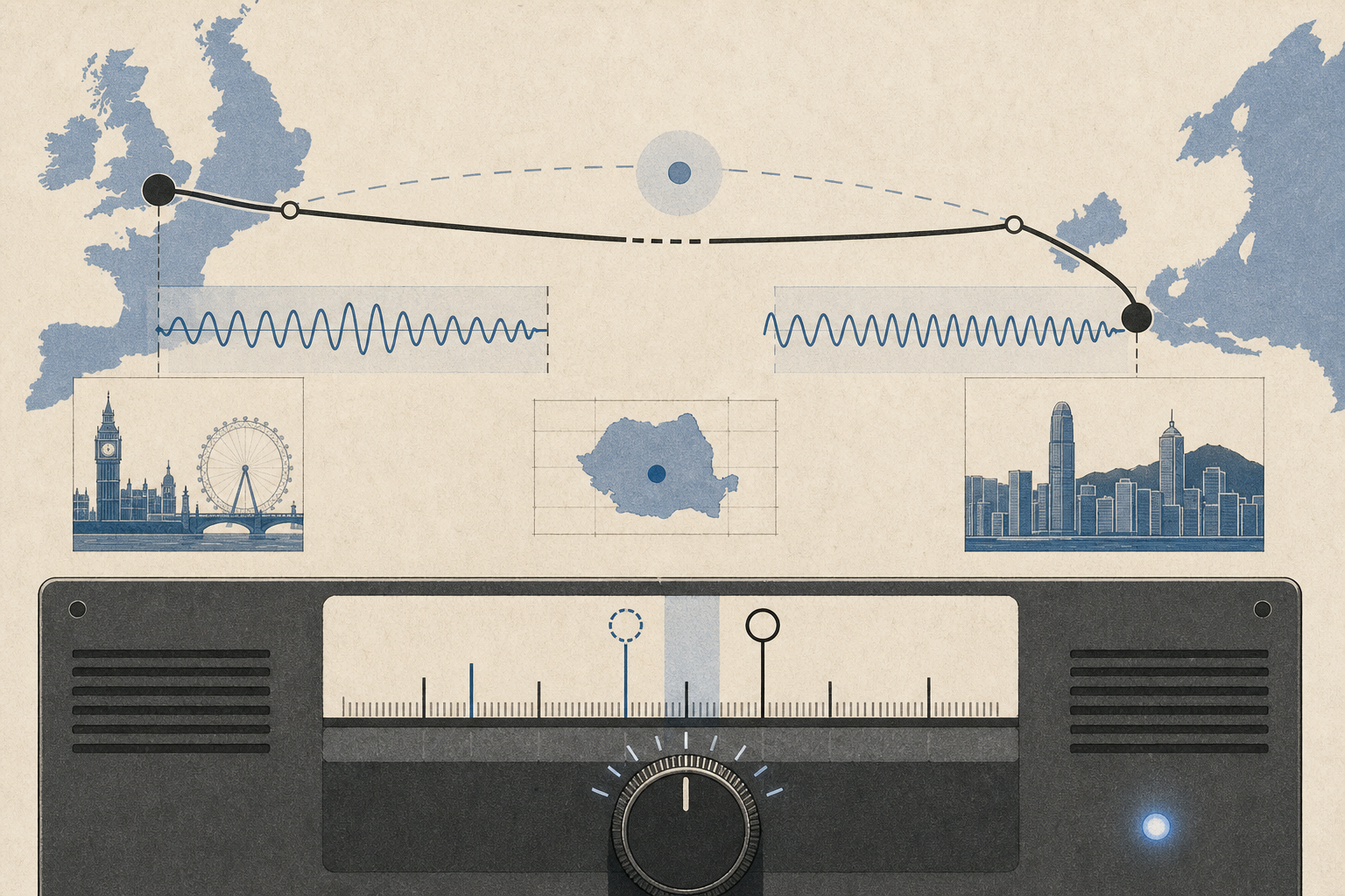 A flat technical illustration shows a Hong Kong-to-London route labelled CX257 with a brief gap in its radio signal over a neutral Romania marker, beside an intact frequency dial whose selection is offset from the intended channel.