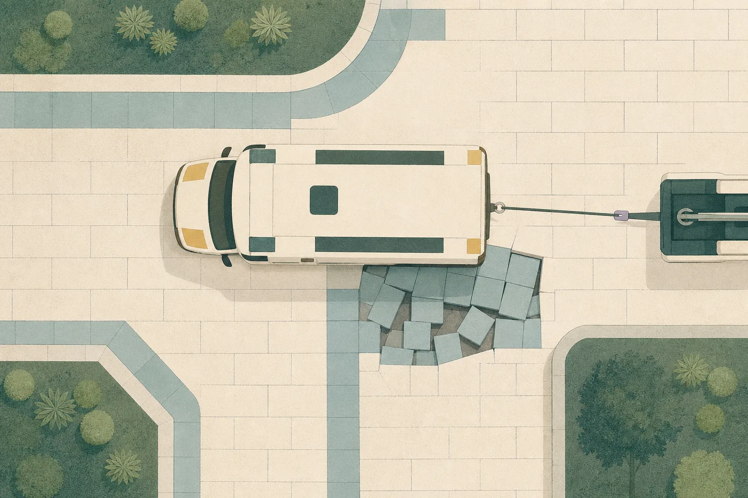 Top-down editorial illustration of an unoccupied ambulance stopped beside several recessed paving slabs, connected by a tow line to a partially visible tow vehicle on a generic park surface.