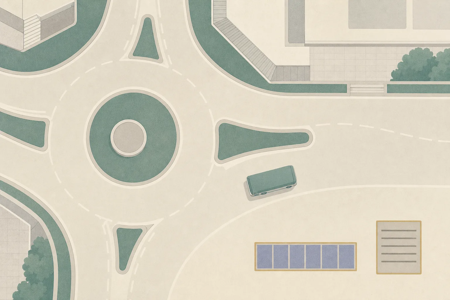 Top-down cut-paper diagram of a roundabout near a civic building, with a refuge island, a stationary minibus shape, interrupted lane lines and separate abstract markers for a driving ban and community service order.