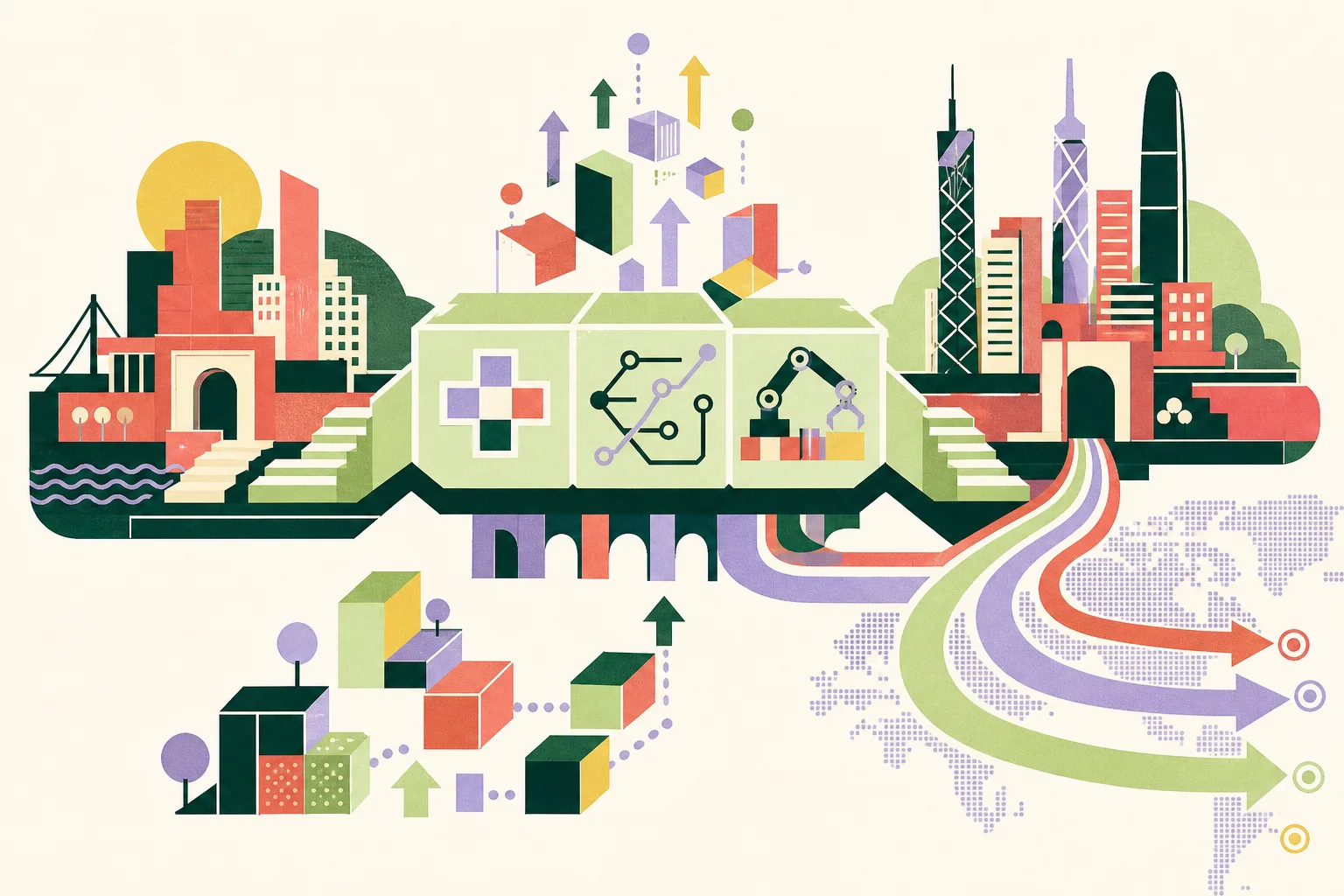A flat cut-paper illustration of two simplified urban platform blocks linked by a modular bridge, with three abstract innovation modules and route bands extending outward toward global markets.