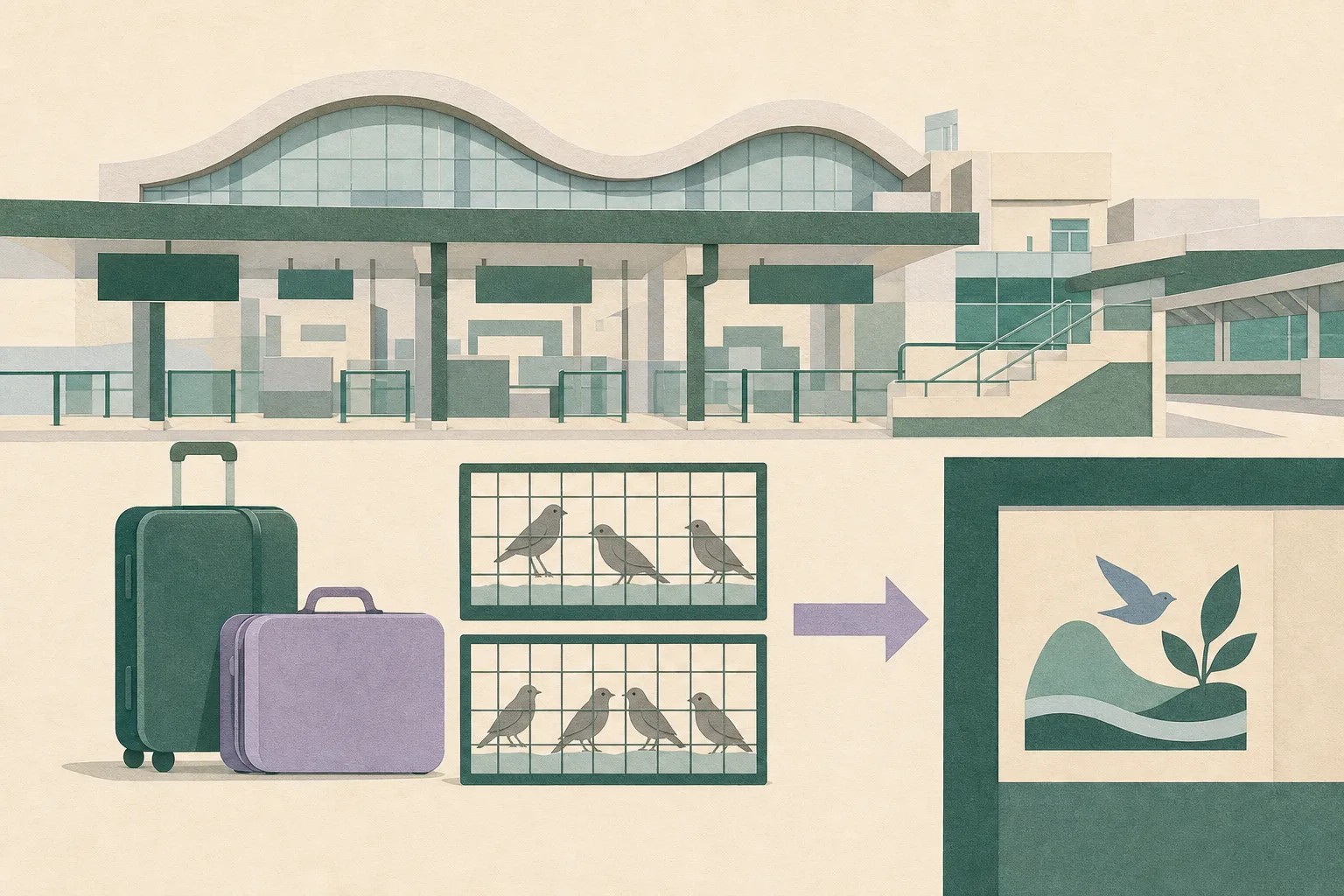 A flat cut-paper illustration of an abstract Hong Kong checkpoint arrival hall with two unmarked suitcases, inset cage grids containing small neutral bird shapes, and a restrained arrow leading to a follow-up department panel.
