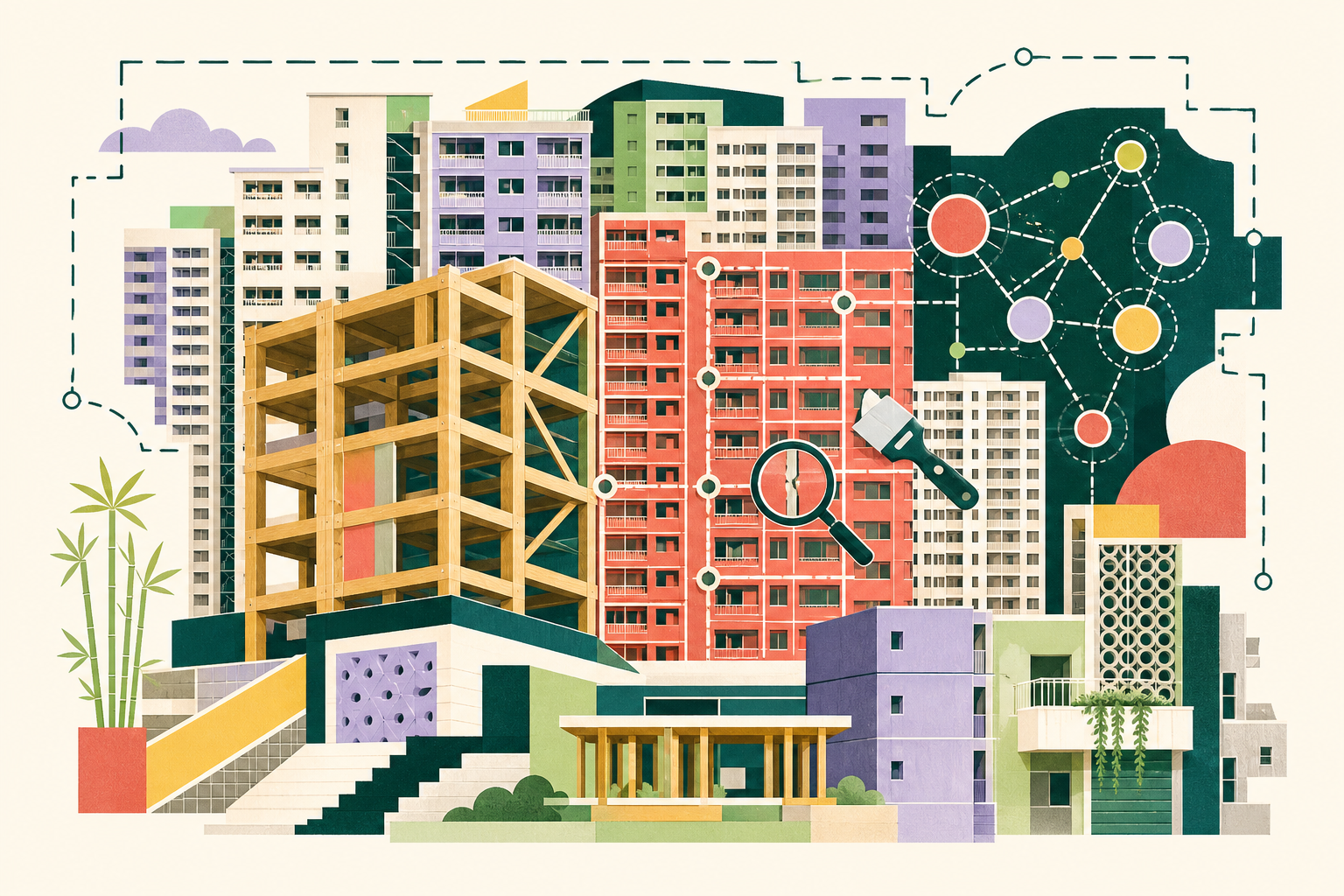 Flat cut-paper illustration of dense Hong Kong residential towers arranged around a consultation-style planning board, featuring timber structural beams, a facade maintenance grid and an abstract network of housing-allocation nodes in coral, mineral blue, dusty teal and muted ochre.