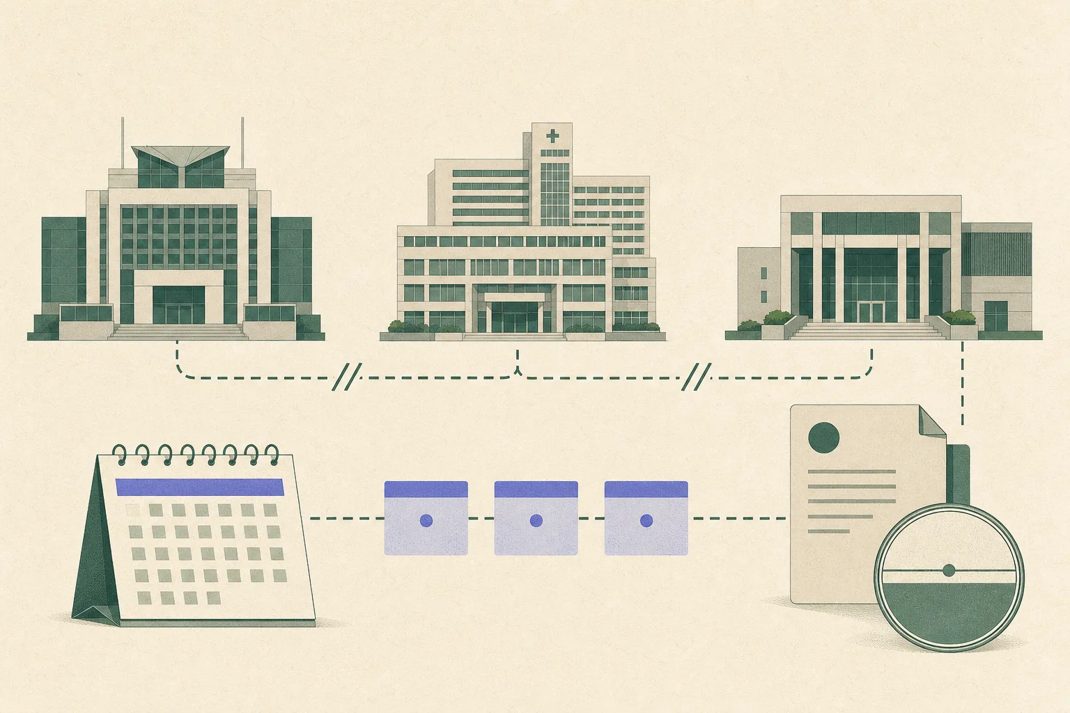 A flat architectural collage of three separated civic buildings representing immigration, a hospital and a magistrates’ court, connected by an interrupted line. A calendar marked 2 November 2026, a short three-day strip and a neutral HK$200,000 bail marker sit nearby.