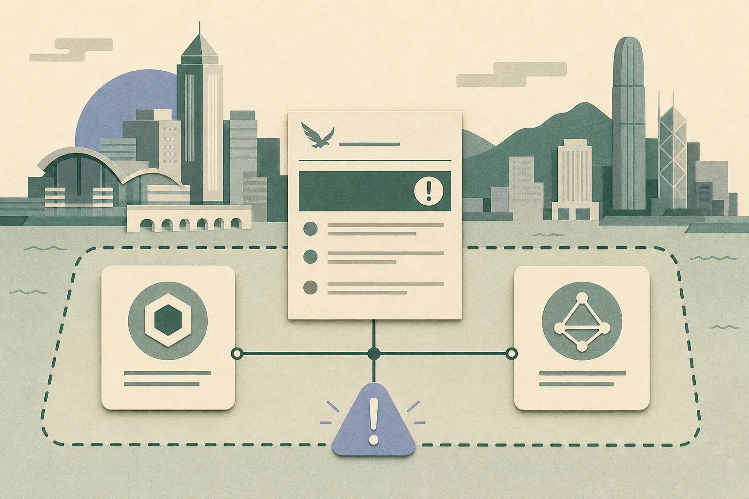 A flat cut-paper diagram shows two neutral virtual-asset platform tiles beside a Securities and Futures Commission alert-list panel, linked to a small public caution symbol and abstract Hong Kong city forms.