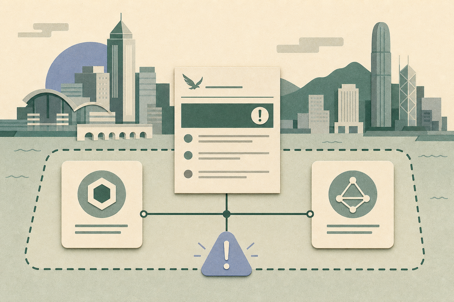 A flat cut-paper diagram shows two neutral virtual-asset platform tiles beside a Securities and Futures Commission alert-list panel, linked to a small public caution symbol and abstract Hong Kong city forms.