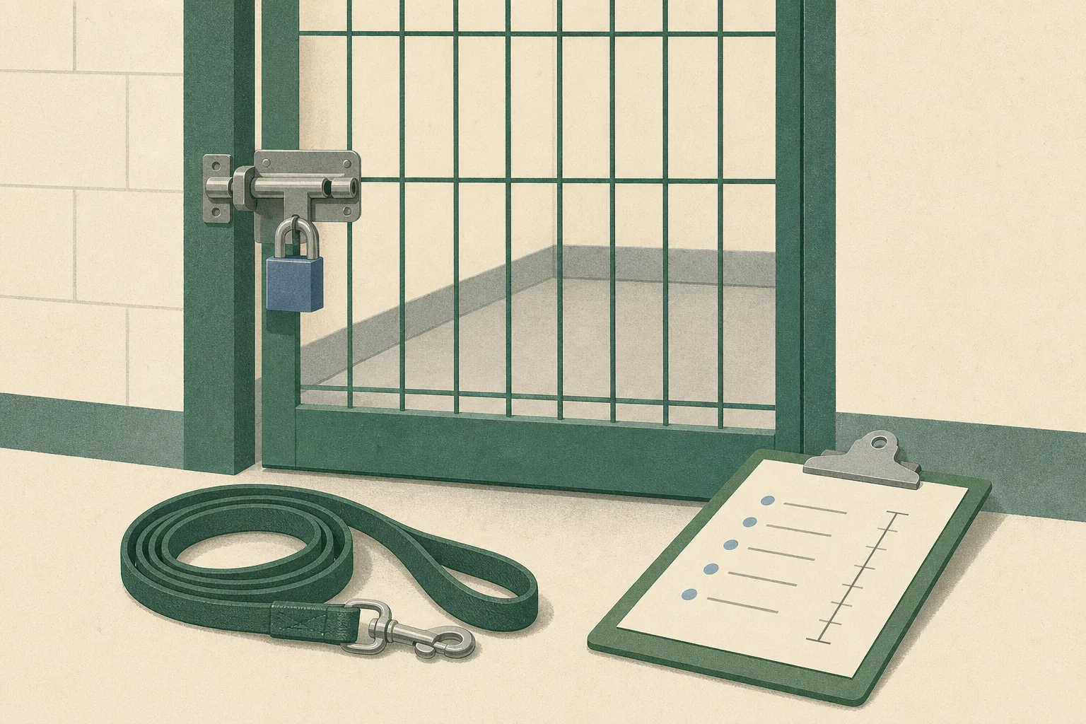 An empty kennel with a closed metal gate and secure latch, a coiled leash outside, and a plain assessment clipboard nearby, rendered in muted blue and neutral tones.