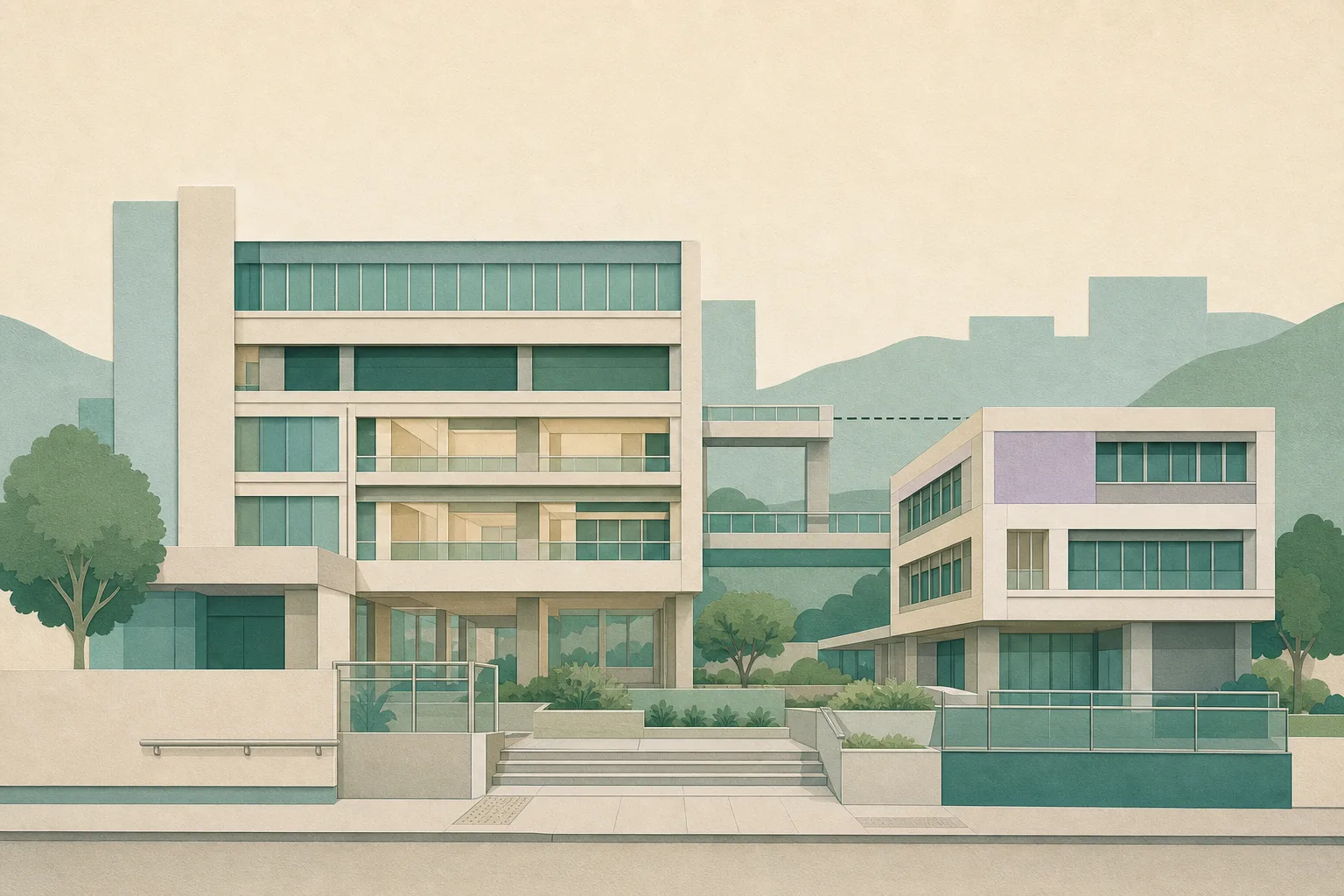 A cut-paper architectural elevation shows a large hospital building linked to a smaller dedicated services block around an open courtyard, with connected care zones and one partially dashed pathway indicating phased relocation.