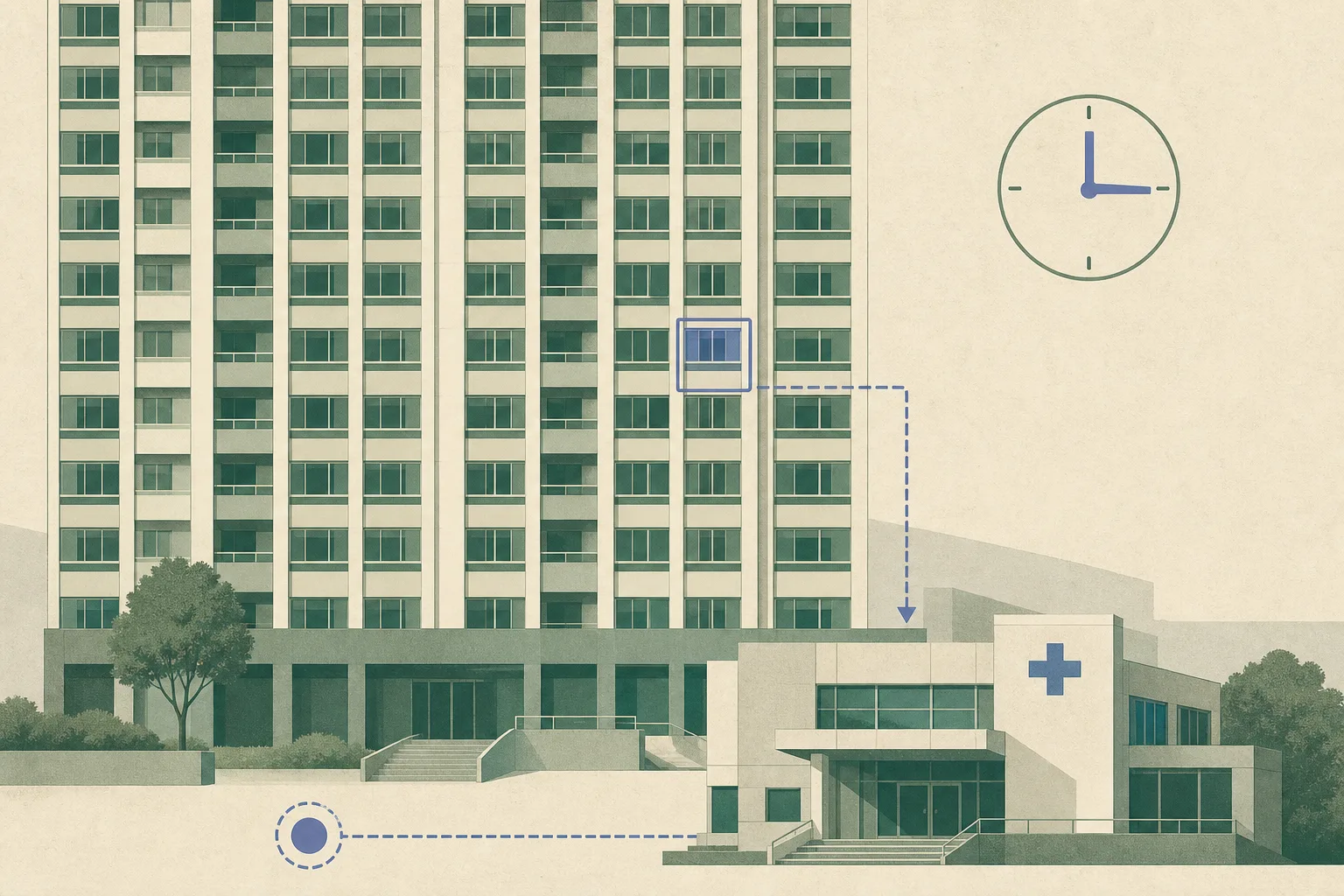 Flat collage of a simplified high-rise residential facade with one isolated apartment window, a small hospital block below connected by a thin line, and a modest time marker near the building.
