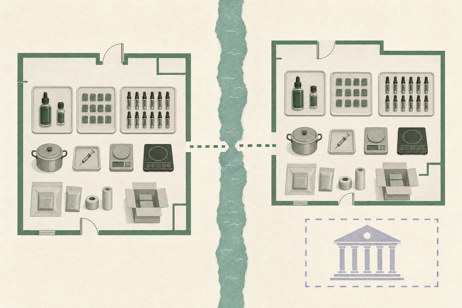 Top-down cut-paper illustration of two separate industrial-unit floor plans connected by a broken line, containing neutral evidence trays with grouped containers, cartridges and equipment icons, beside a simple courthouse boundary shape.