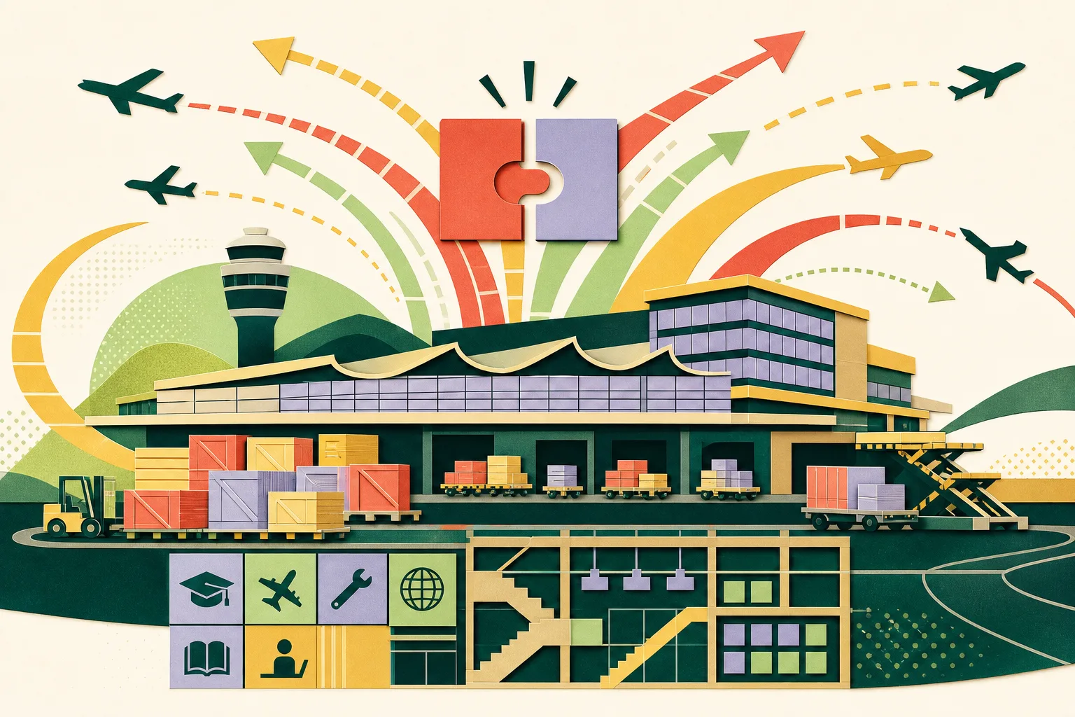 A cut-paper illustration of a Hong Kong airport cargo terminal with an integrated office block, stacked freight modules, interlocking cooperation panels and several abstract route bands extending outward into open space.