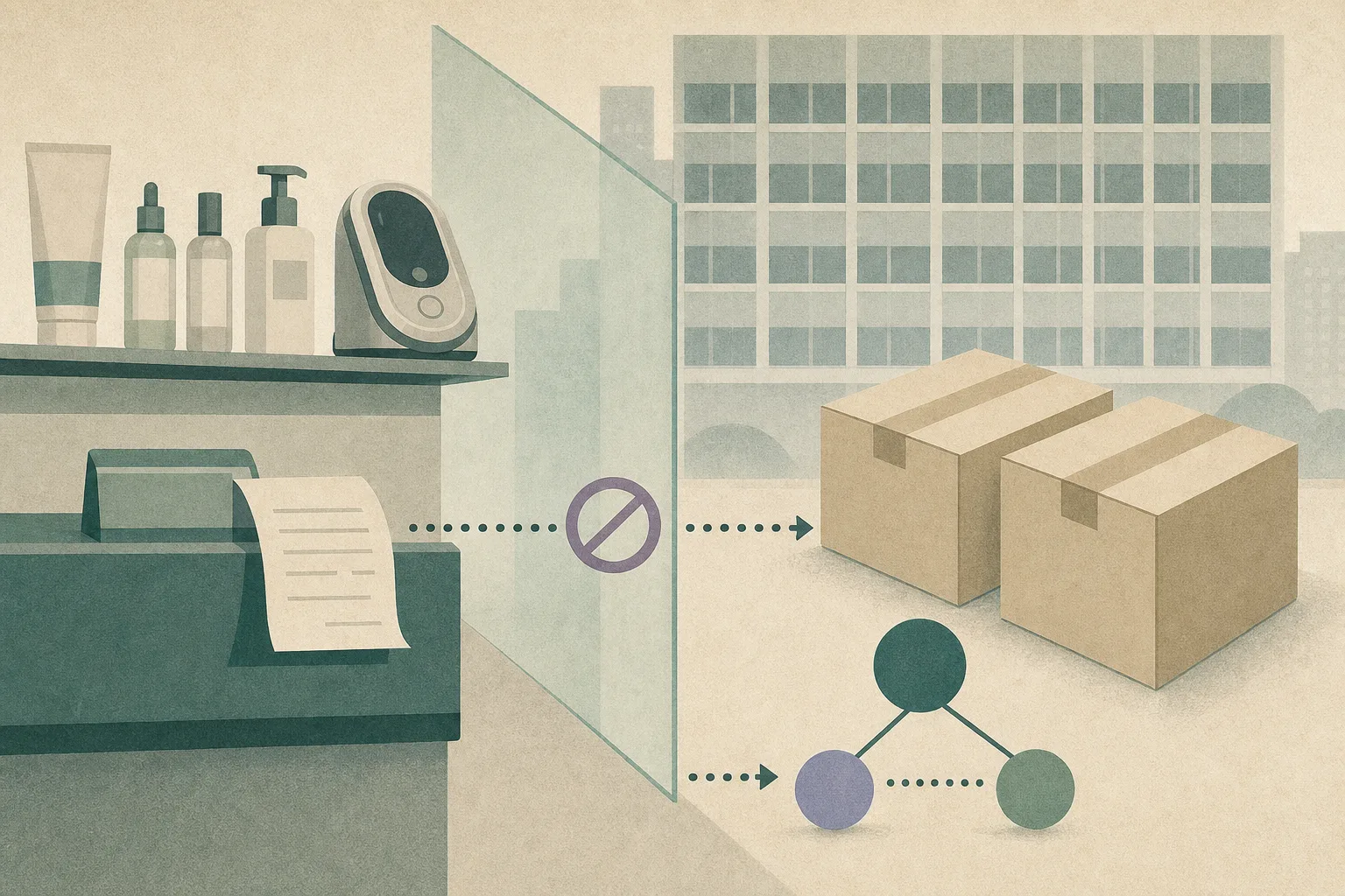 A people-free civic illustration shows simplified beauty products and a treatment device on a retail shelf, an interrupted receipt line behind a translucent boundary, two plain evidence cartons, and a restrained network diagram linking possible company entities.