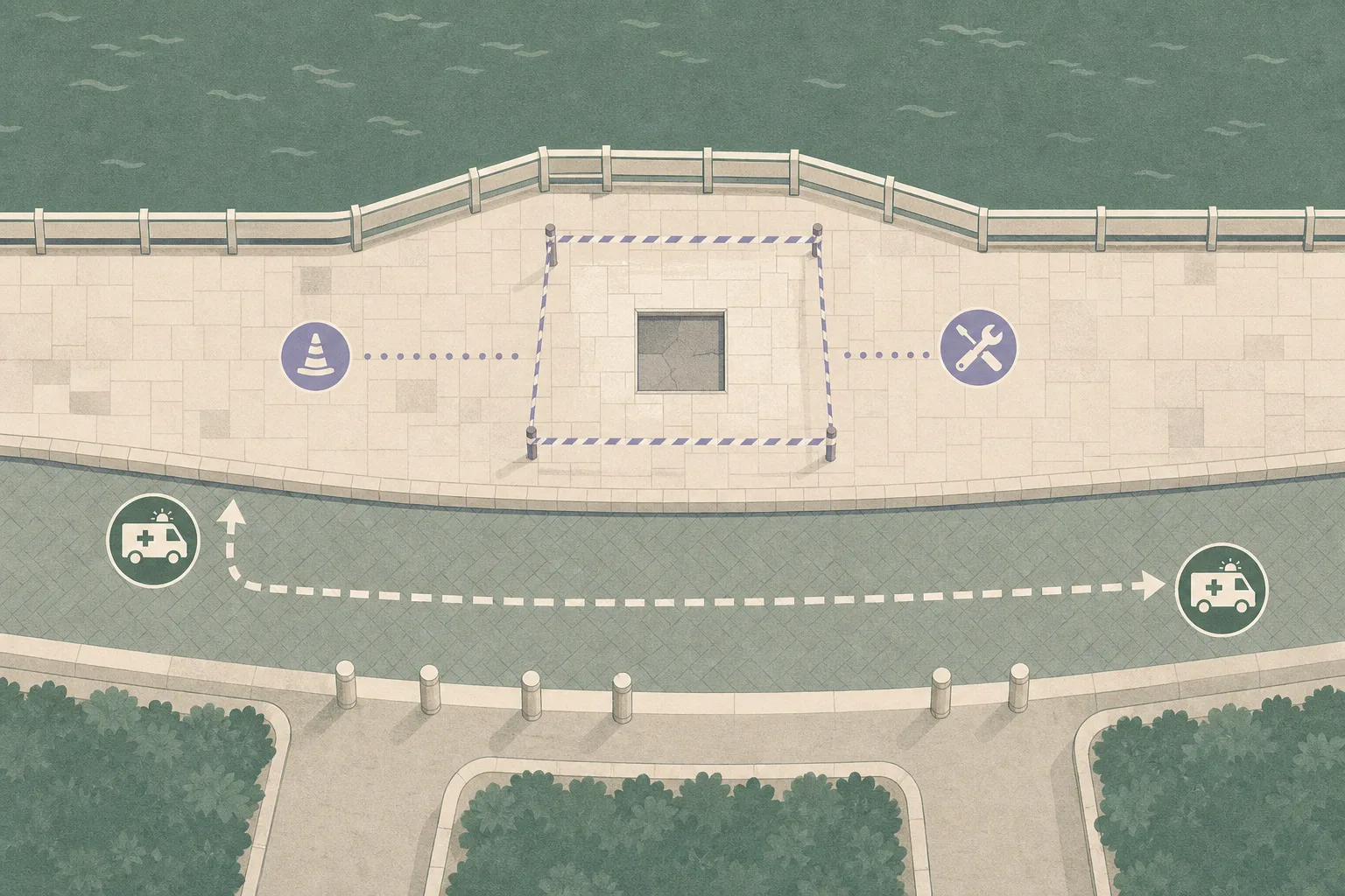 Top-down civic diagram of a waterfront promenade showing a pedestrian path with a small cordoned recessed paving area, alongside a separately marked emergency-access route and simple maintenance symbols.