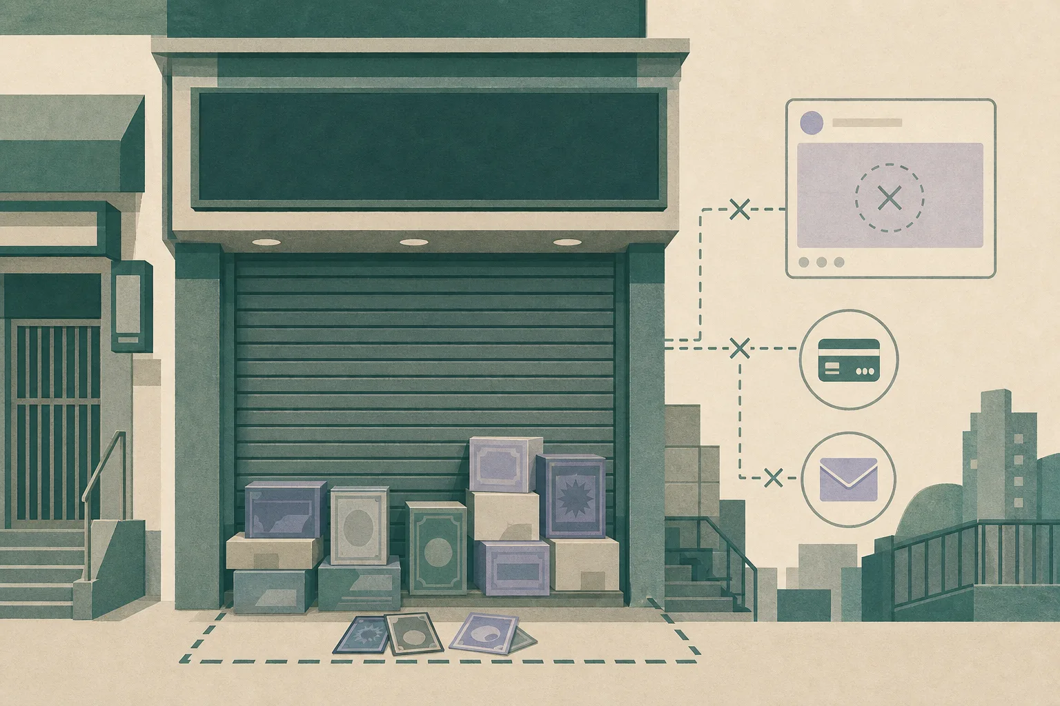 A simplified closed Mong Kok game-card shopfront marked 608, with a lowered shutter, generic trading-card boxes and an inactive digital contact panel linked by interrupted lines.