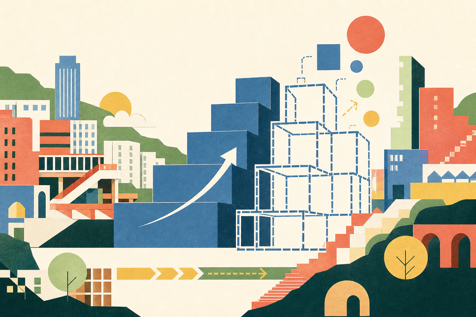 A cut-paper city collage shows simplified building blocks around an upward-stepped blue accounting form and an unfinished modular support frame, with a small 25 anniversary marker.