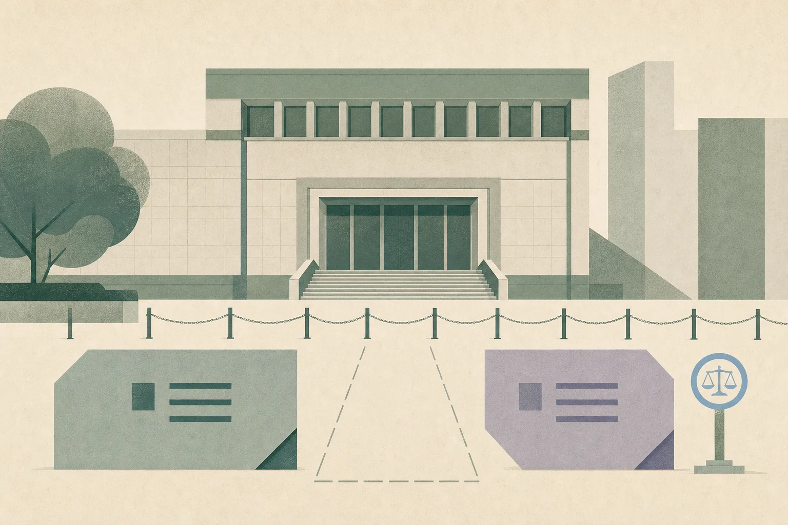 A flat cut-paper illustration of a simplified magistrates’ court behind a clear boundary line, with two separated geometric panels and an empty path leading to the entrance.