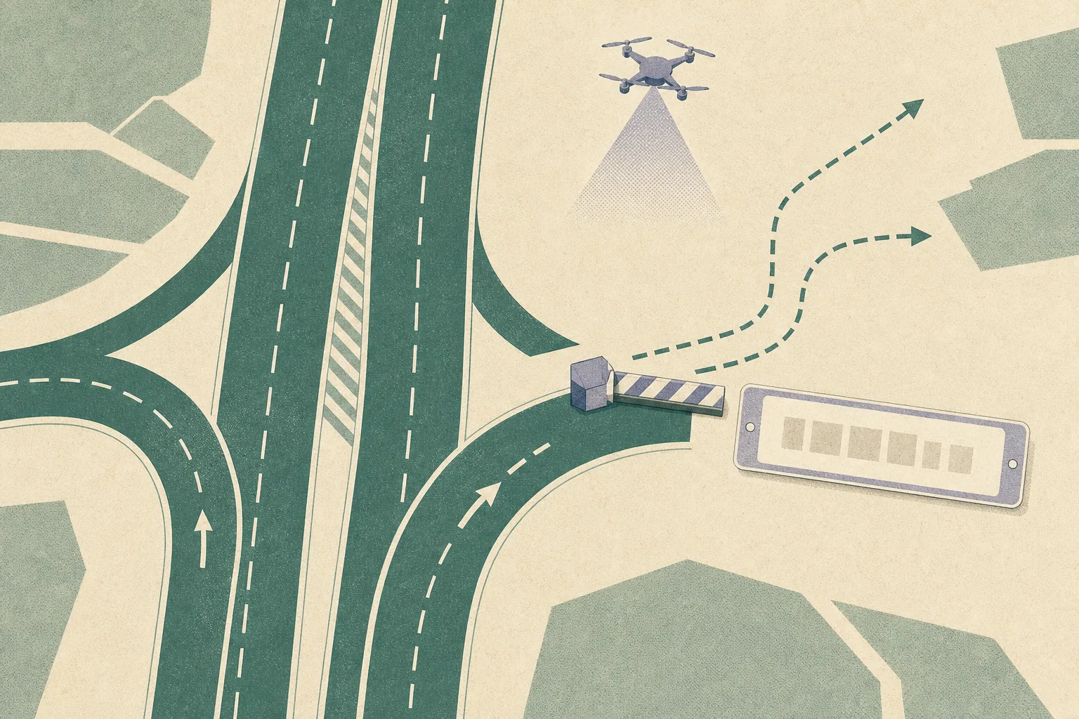 Top-down cut-paper illustration of connected urban road lanes leading to a geometric inspection barrier, with a small drone marker above and a blank irregular number-plate symbol beside the stopping point.