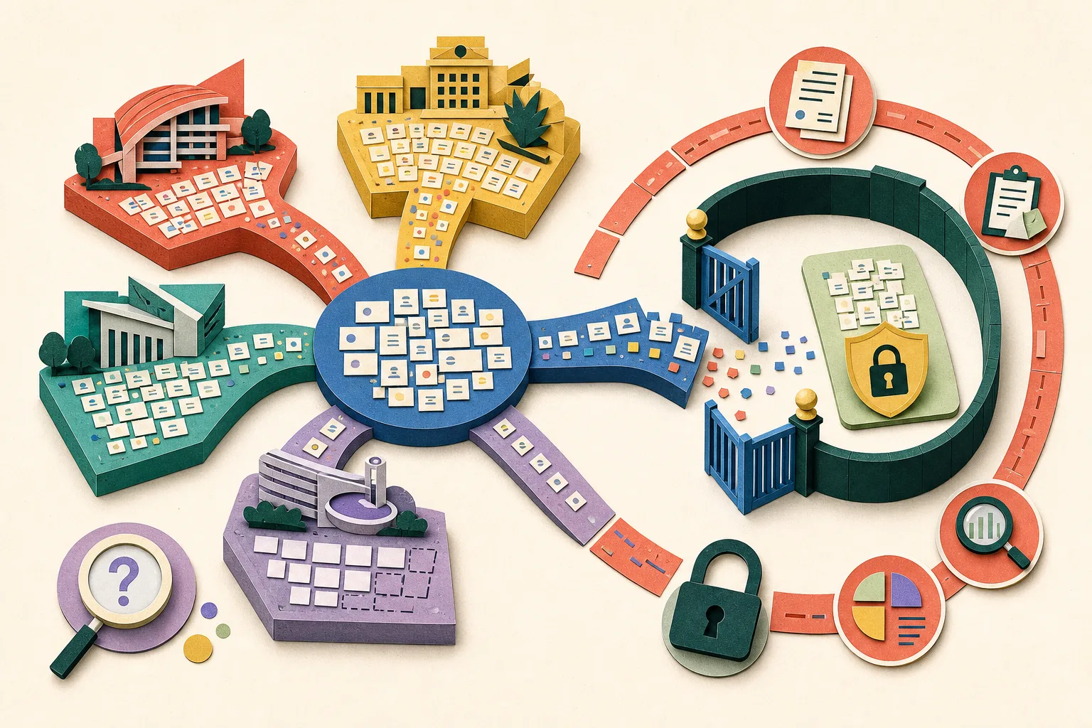Top-down cut-paper diagram of four education-institution blocks connected to a central learning platform, with abstract personal-data tiles moving through a partly open boundary, a partially unfilled block, and surrounding lock, contract and monitoring symbols in mineral blue, coral, ochre, teal and