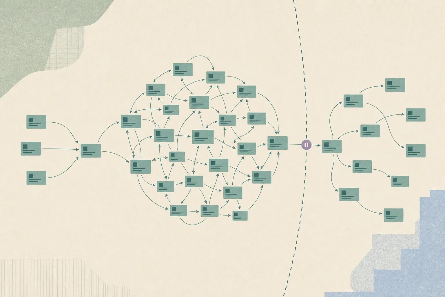 An abstract top-down diagram shows anonymous account tiles connected by fine transfer lines, with a dense cluster of incoming and outgoing paths interrupted by a clear boundary.
