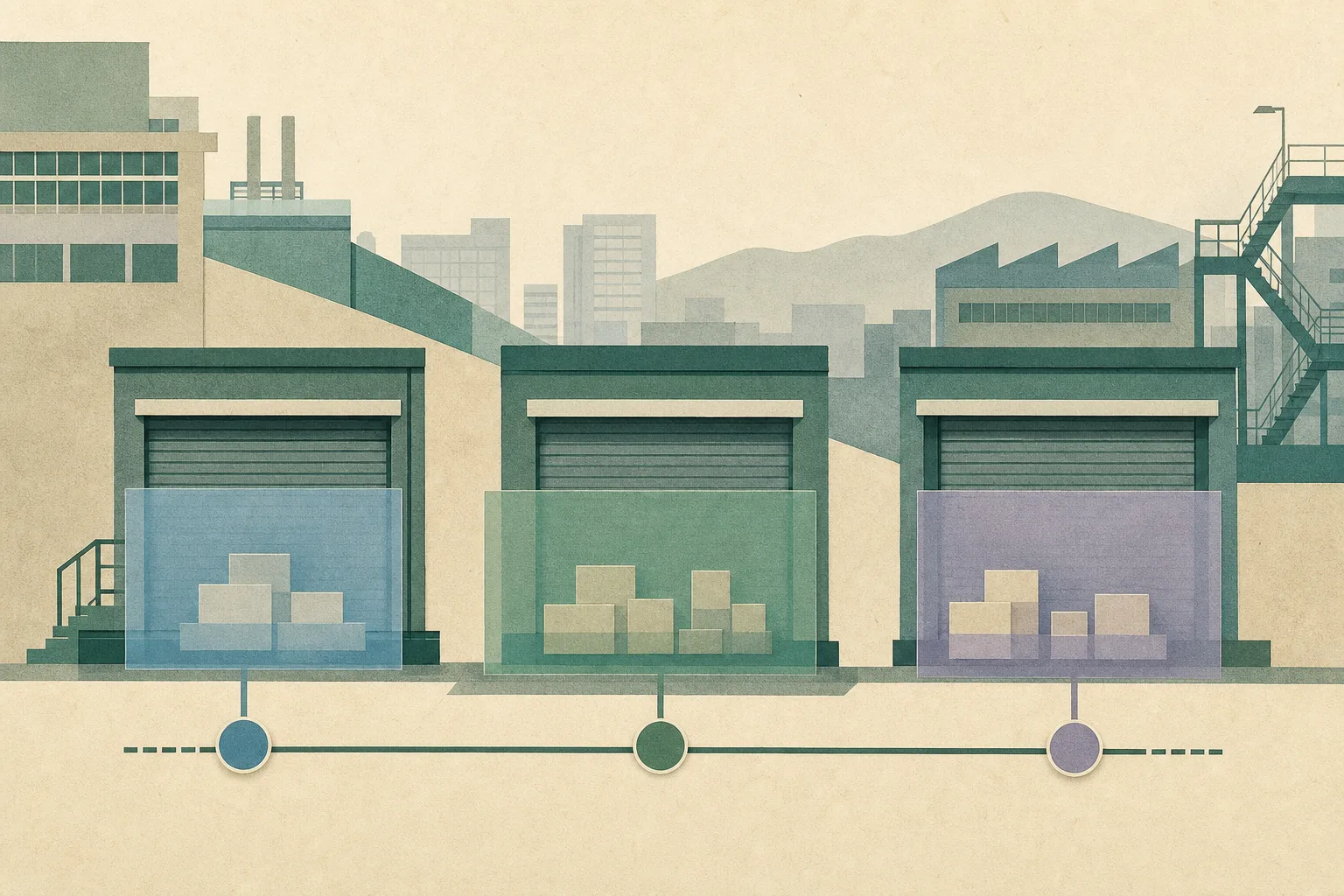 A restrained cut-paper illustration of three closed industrial storage units linked by a thin route line, with small unlabelled sealed parcels behind translucent boundary panels and no people visible.