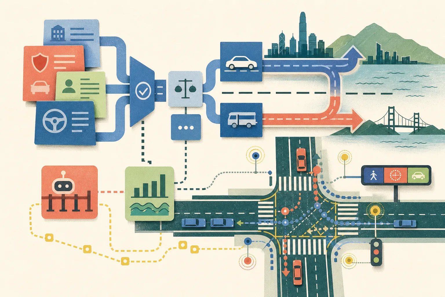 A cut-paper style transport systems diagram shows document cards moving through a verification gate, directional vehicle routes, and a Causeway Bay junction with pedestrian and vehicle-flow lines feeding adjustable traffic signals.