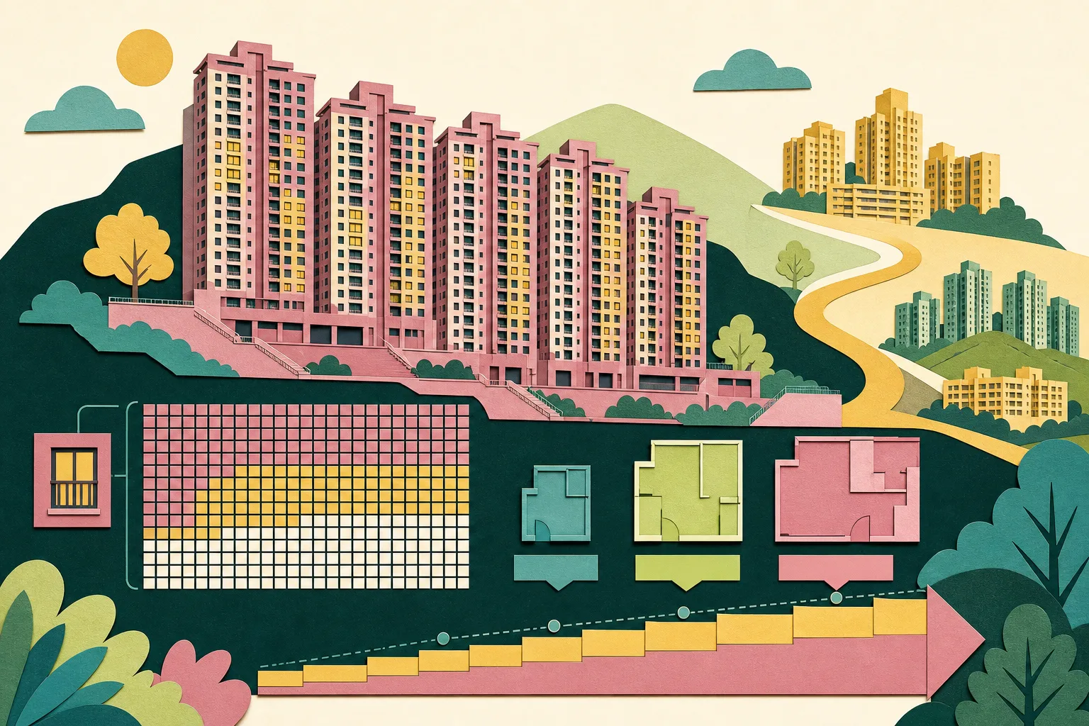 Cut-paper illustration of five simplified apartment blocks on a stepped hillside, with a highlighted cluster of windows and three apartment-size tiles in front, plus smaller building groups suggesting other subsidised-sale housing options.