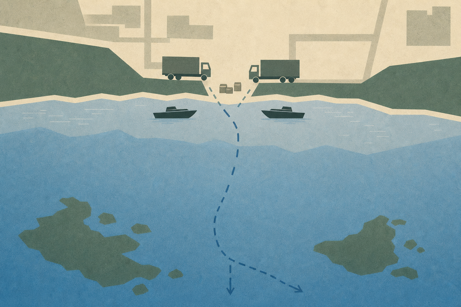A flat graphic map-like illustration of the Tai O shoreline at night, with two unlit boat shapes offshore, two lorry blocks on land, abstract cargo blocks at an interrupted transfer point, and a broken route line extending toward the southern waters.