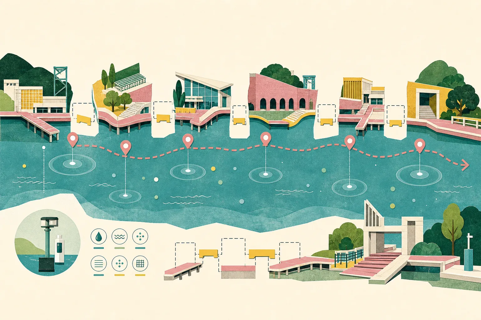 A cut-paper illustration of separated harbourfront segments along a blue water band, with broken promenade links, water-monitoring marks and an open route of coral waypoints between them.